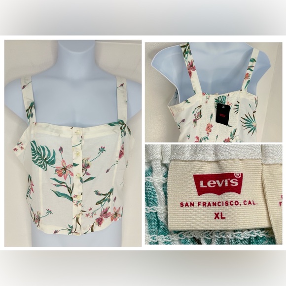 LEVI'S NWT White Floral Crop Tank Top Size‎ XL Smocked Back Panel Button Front - Picture 1 of 14